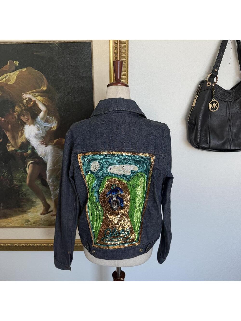 Vintage Sequined Beaded Denim Biker Denim Jacket